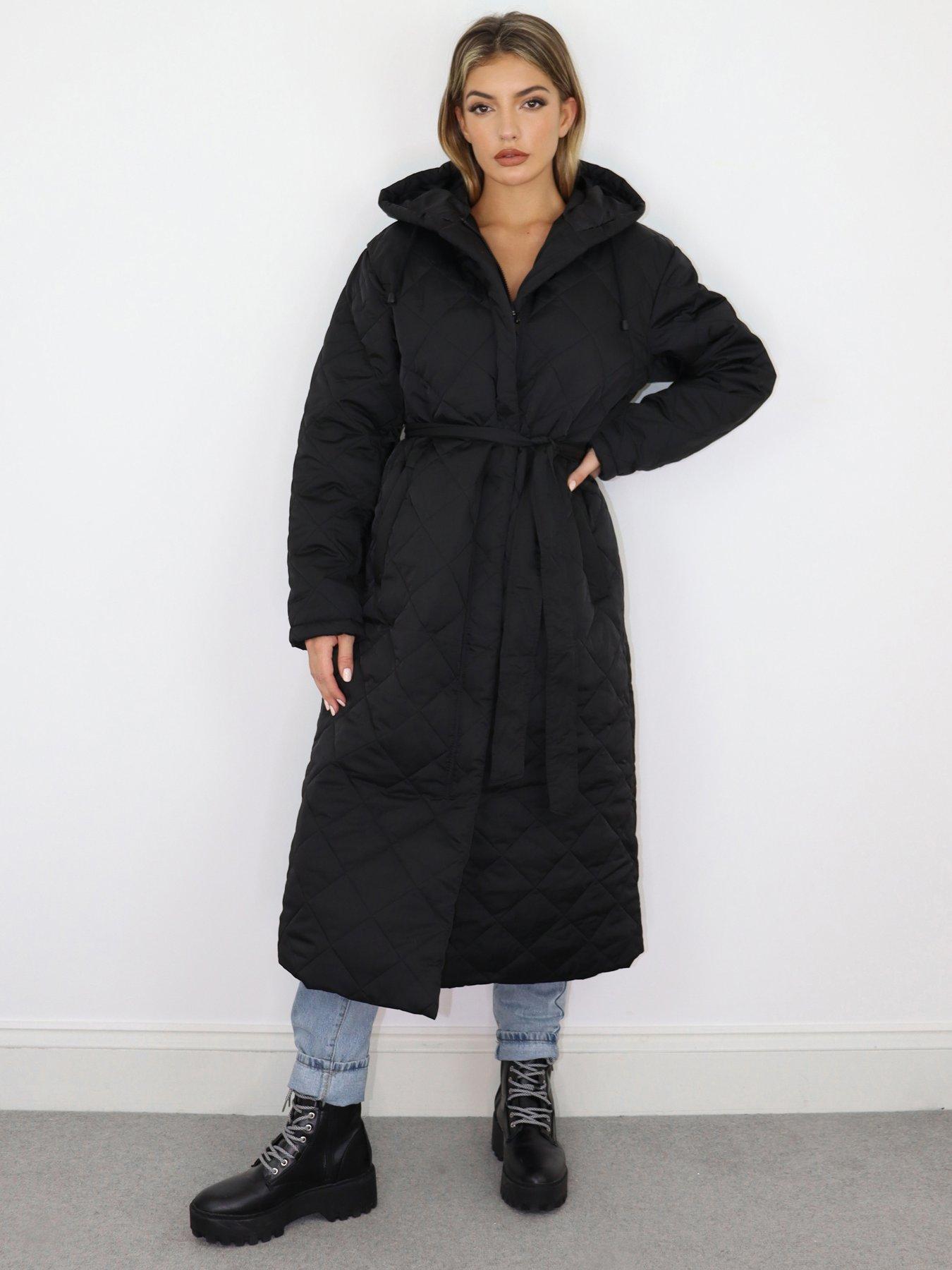 missguided diamond quilted hooded coat in khaki