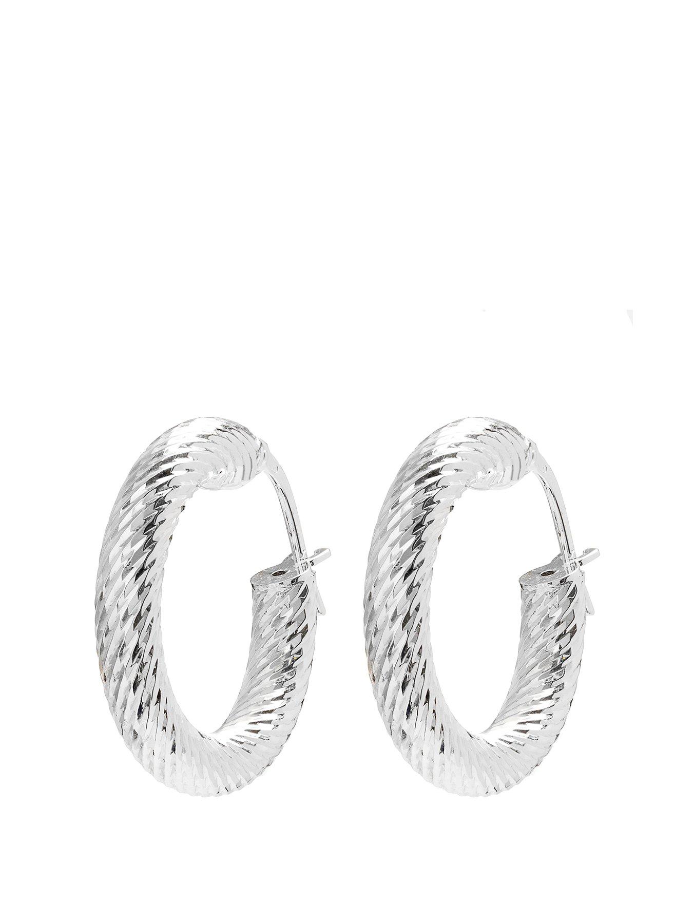 Women Sterling Silver Diamond Cut Hoop Earrings