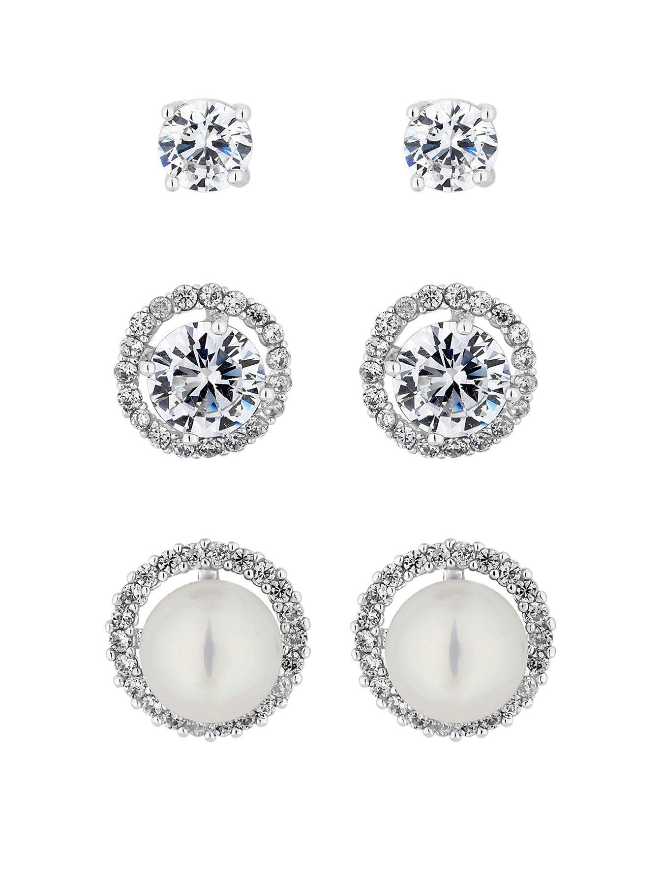 Product photograph of Jon Richard Silver Pearl And Crystal Stud Earrings - Pack Of 3 from very.co.uk
