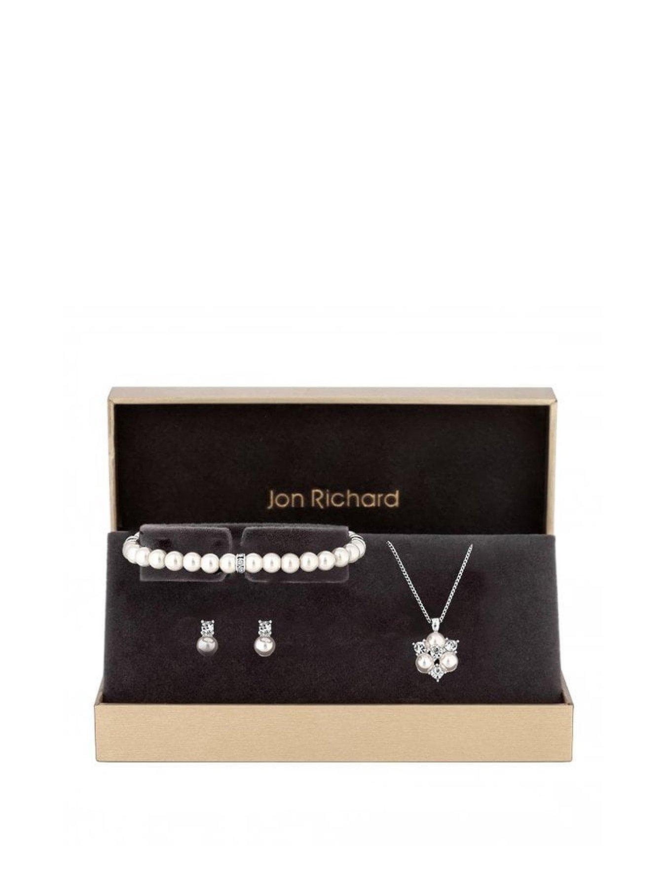 Women Silver Plated Clear Crystal Pearl and Crystal Cluster Trio - Gift Boxed