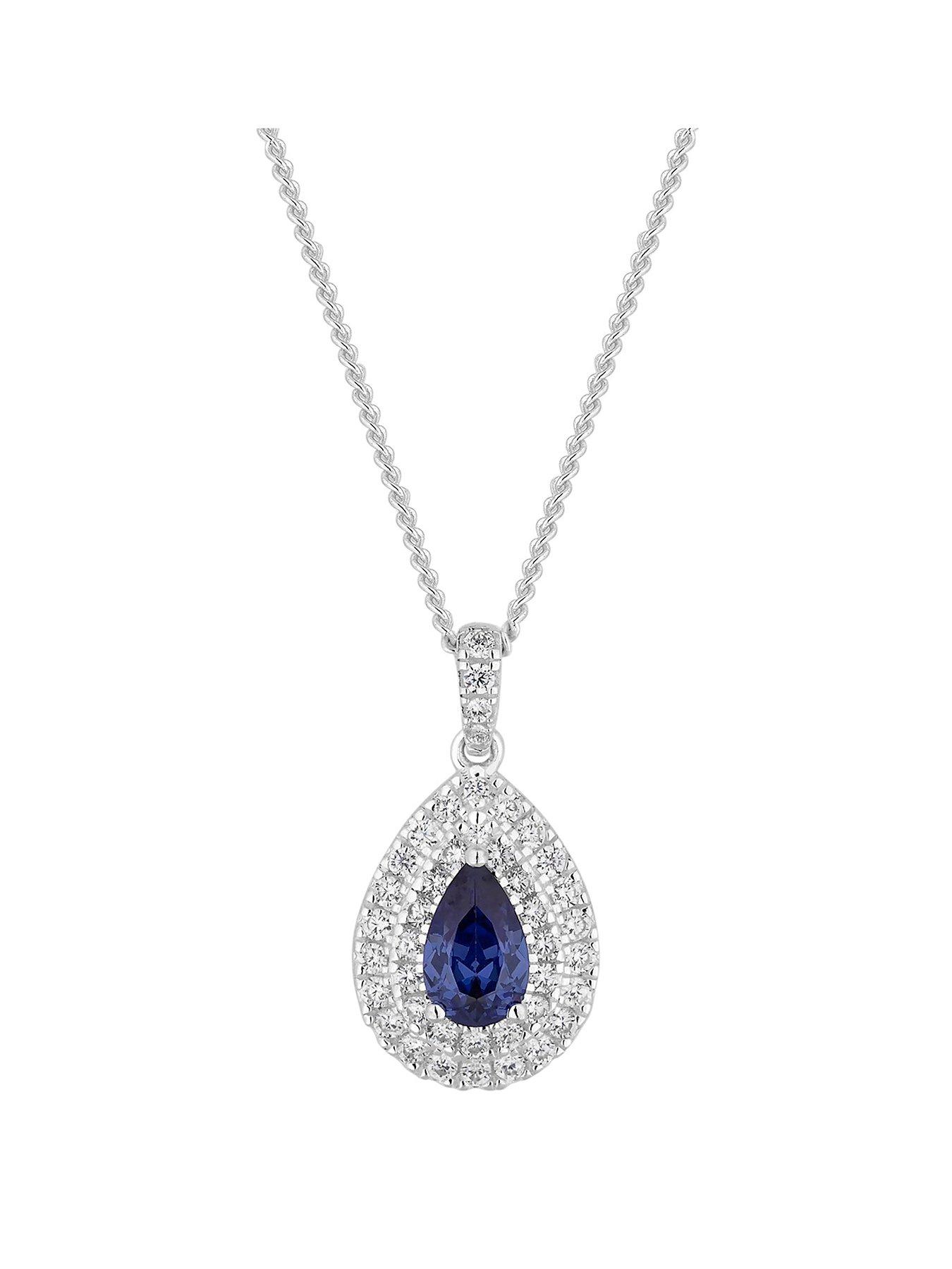 Women Sterling Silver Cubic Zirconia Double Halo Blue Pear Necklace