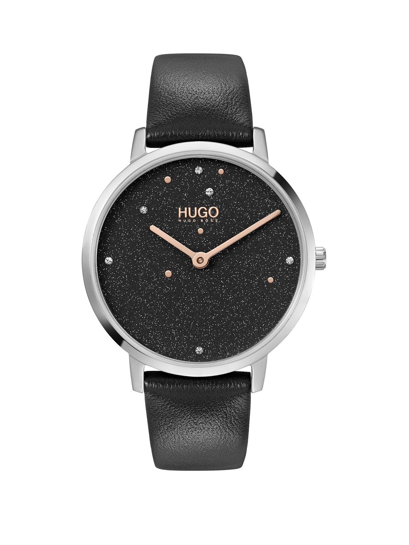 Women Hugo Dream Black Dial Black Leather Strap Watch