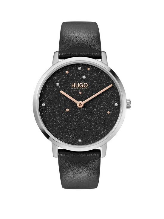 front image of hugo-dream-black-dial-black-leather-strap-watch