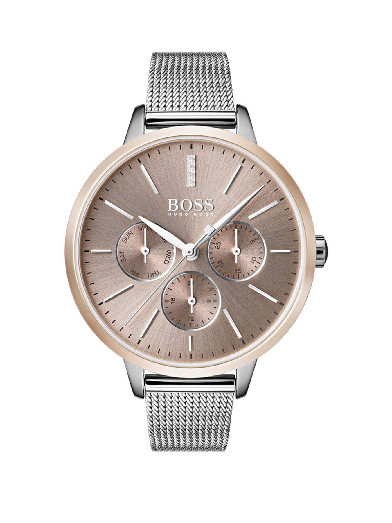 Product photograph of Boss Symphony Bronze Multi Dial Stainless Steel Mesh Bracelet Watch from very.co.uk