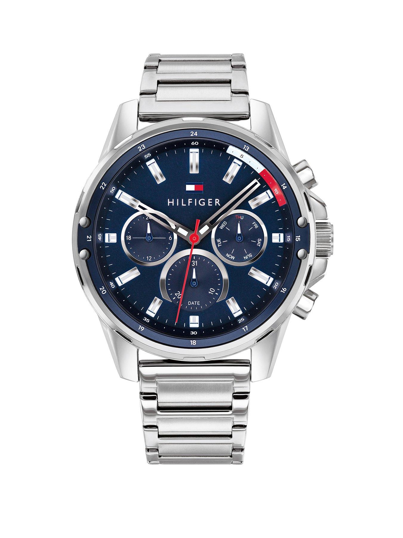 Product photograph of Tommy Hilfiger Blue Chronograph Dial Stainless Steel Bracelet Watch from very.co.uk