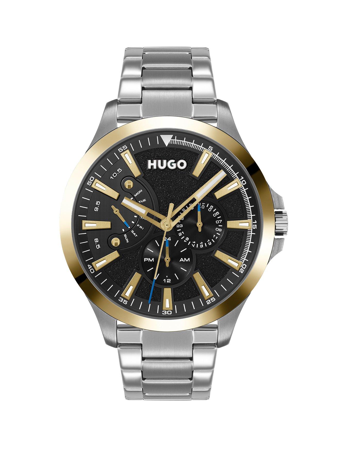 Product photograph of Hugo Leap Black Multi Dial Gold Tone Bezel Stainless Steel Bracelet Watch from very.co.uk