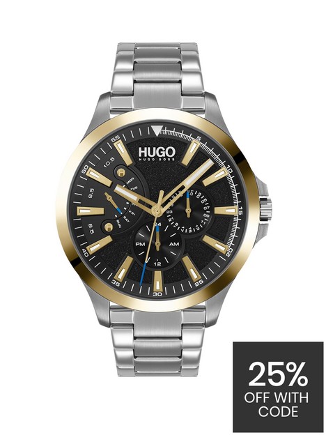 hugo-leap-black-multi-dial-gold-tone-bezel-stainless-steel-bracelet-watch