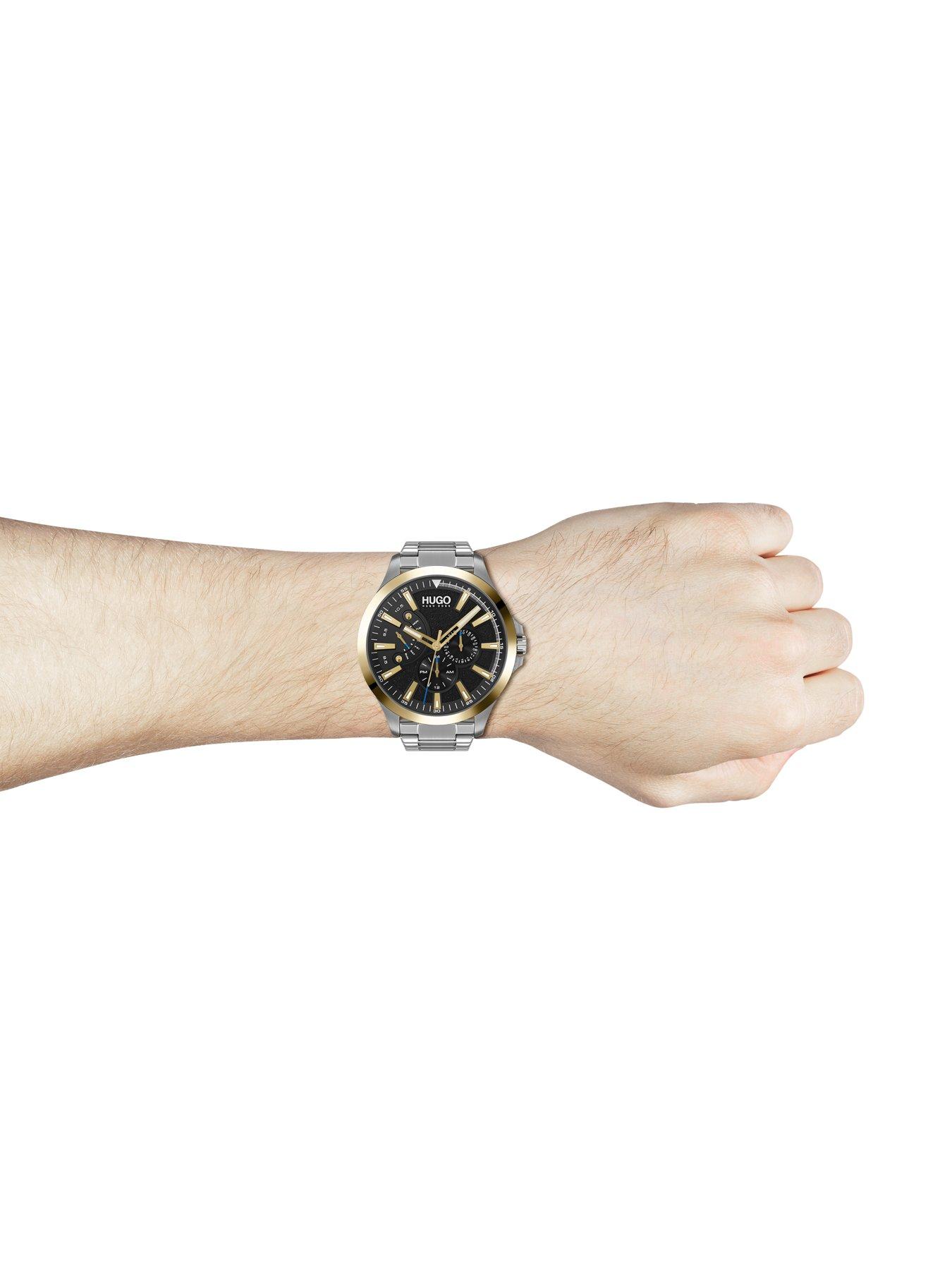  Leap Black Multi Dial Gold Tone Bezel Stainless Steel Bracelet Watch