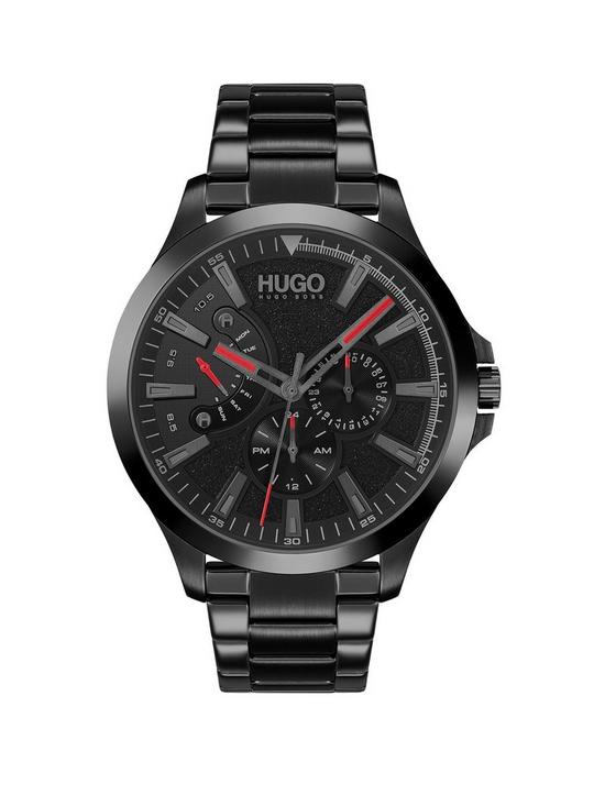 front image of hugo-leap-black-multi-dial-black-bracelet-watch
