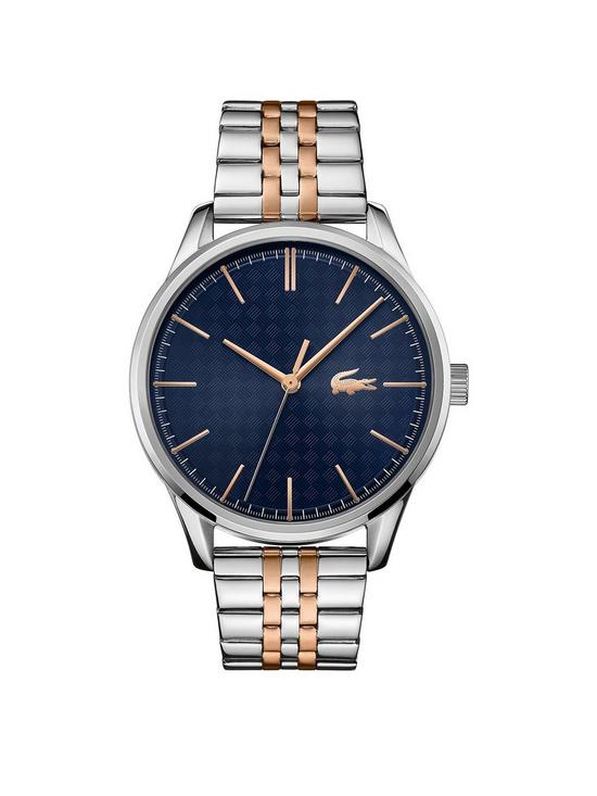 front image of lacoste-blue-and-rose-gold-detail-dial-two-tone-stainless-steel-bracelet-watch