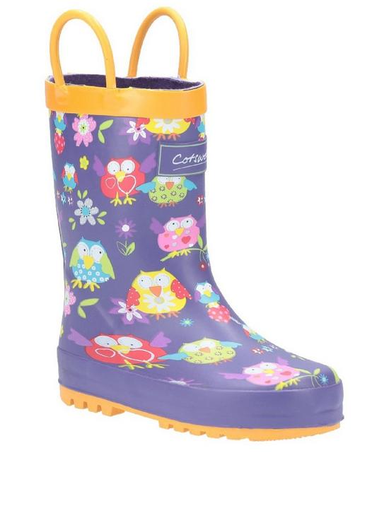 front image of cotswold-girls-owl-wellington-boots