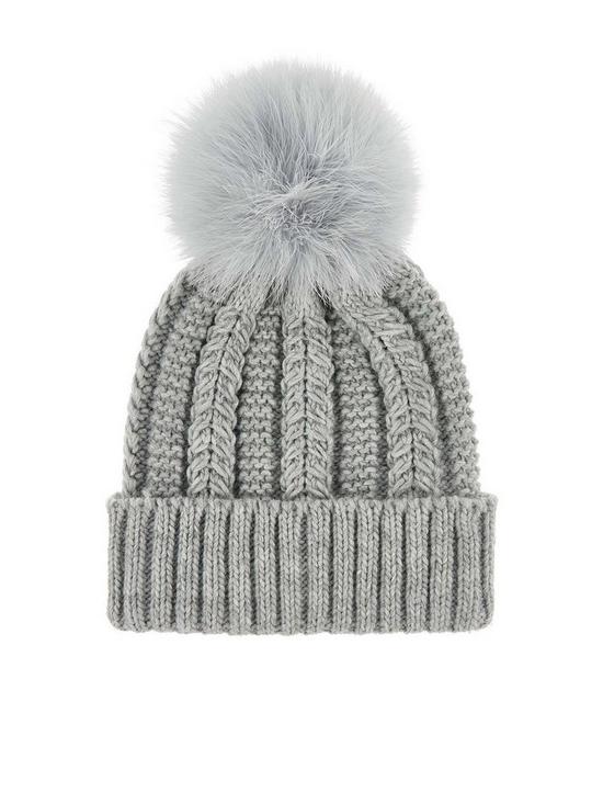 front image of accessorize-luxe-pom-beanie-grey