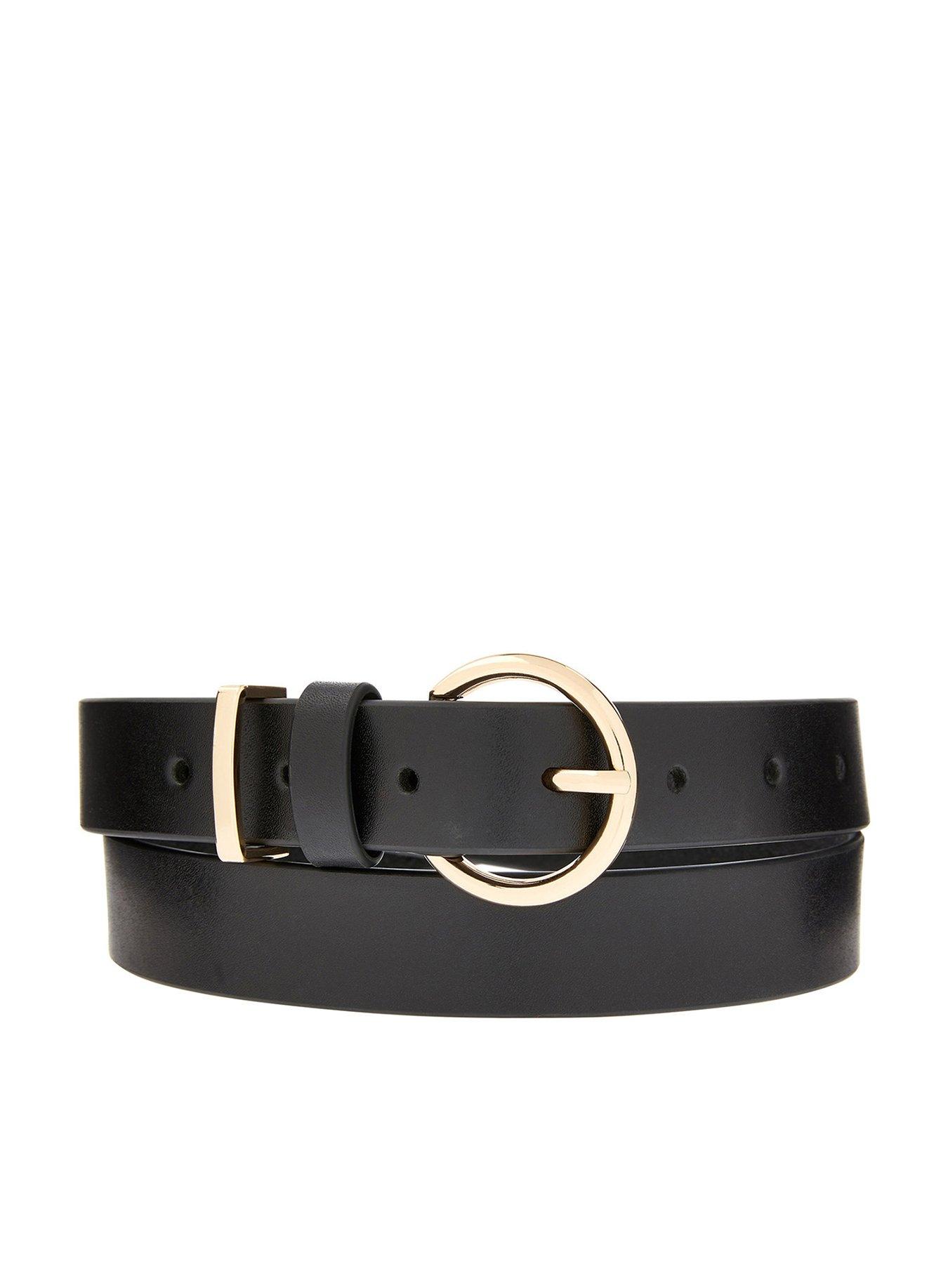 Round Buckle Leather Jeans Belt Black