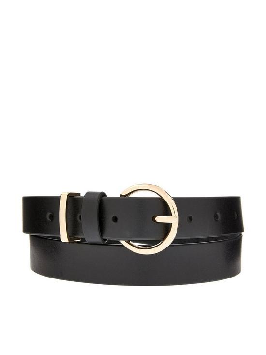 front image of accessorize-round-buckle-leather-jeans-belt-black
