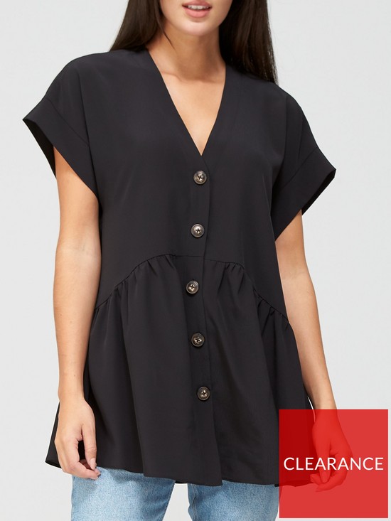 front image of v-by-very-short-sleeve-longline-button-through-tunic-black