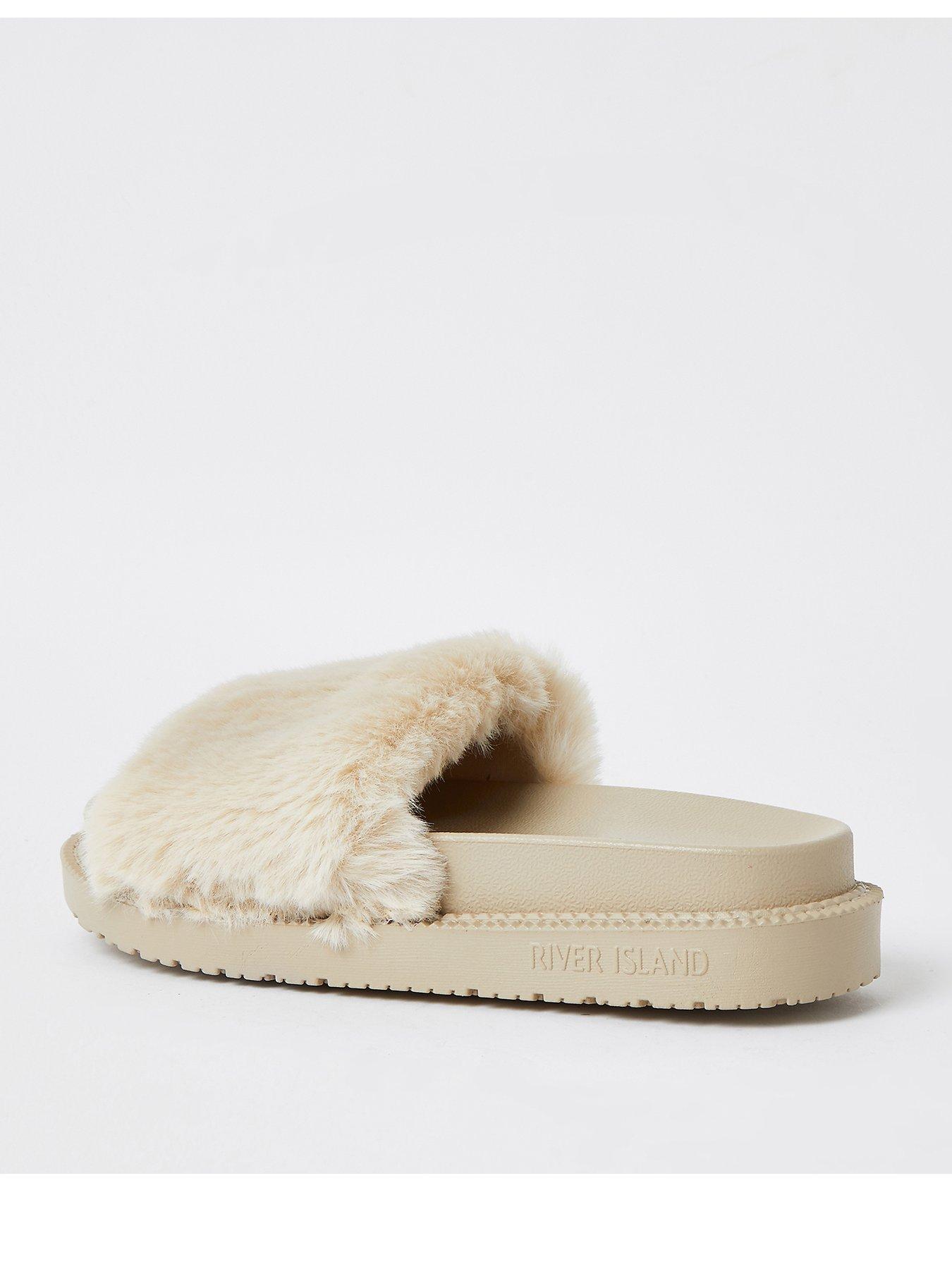 cream fur sliders