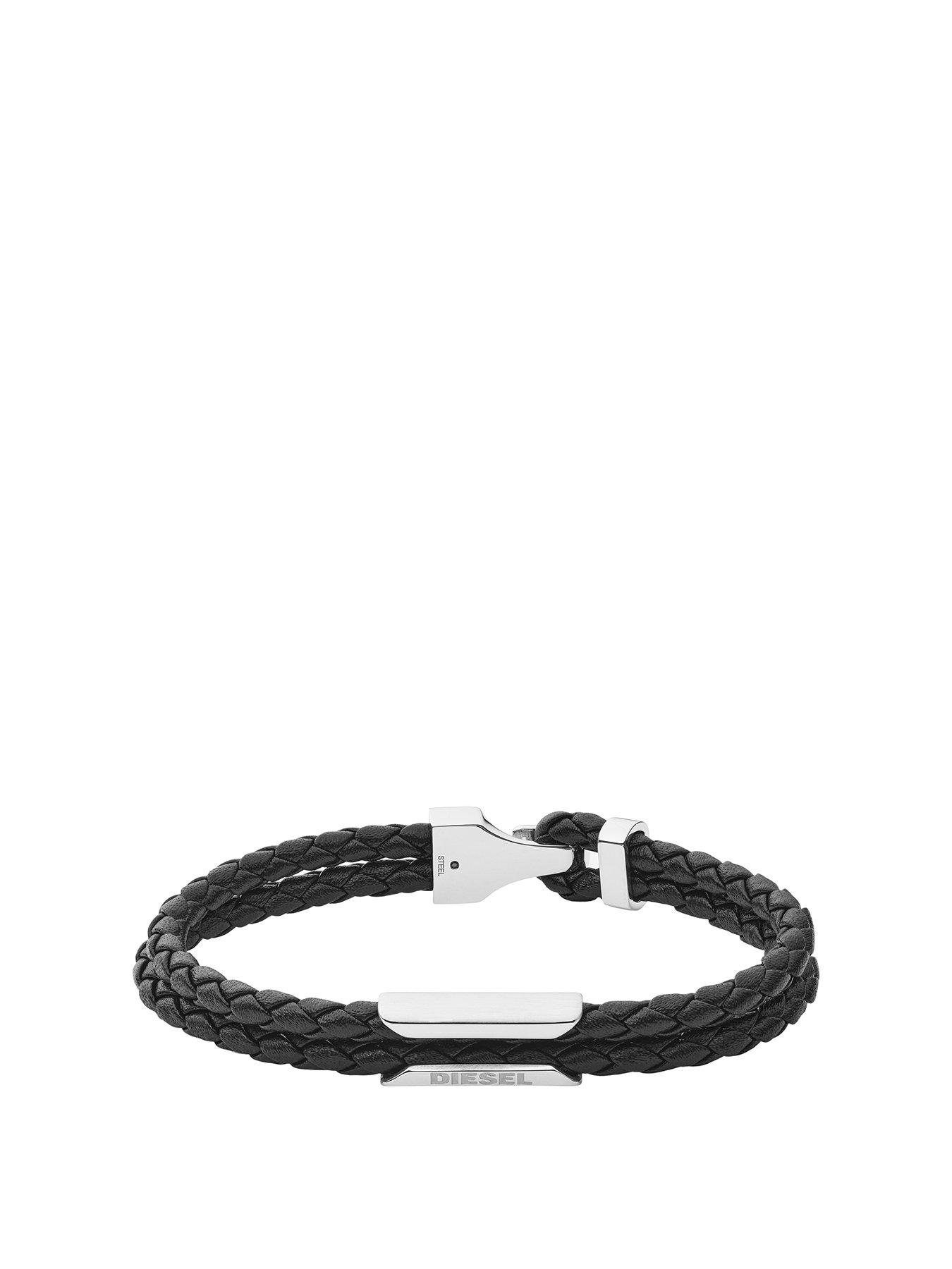 Product photograph of Diesel Stackables Black Leather Bracelet from very.co.uk