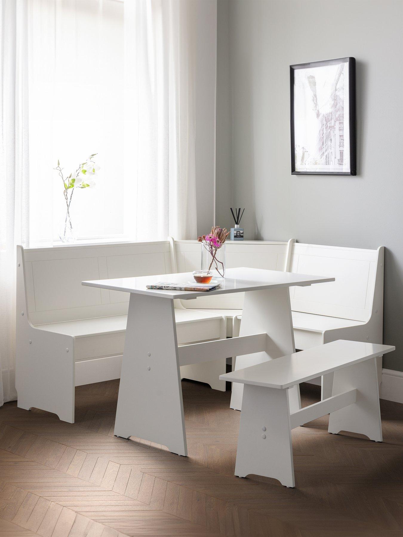 Julian Bowen Newport 109 cm Dining Table Set + Bench and Corner Storage Bench - White