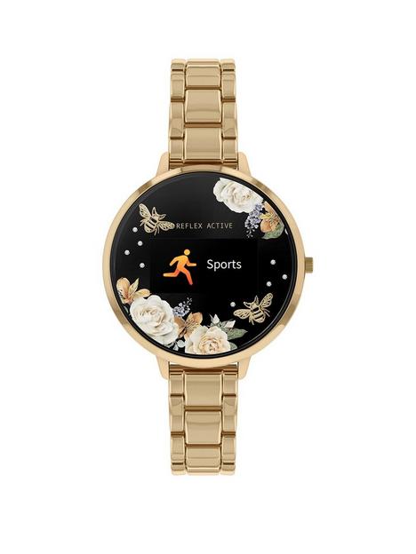 reflex-active-series-3-smart-watch-with-floral-detail-colour-screen-crown-navigation-and-gold-stainless-steel-bracelet