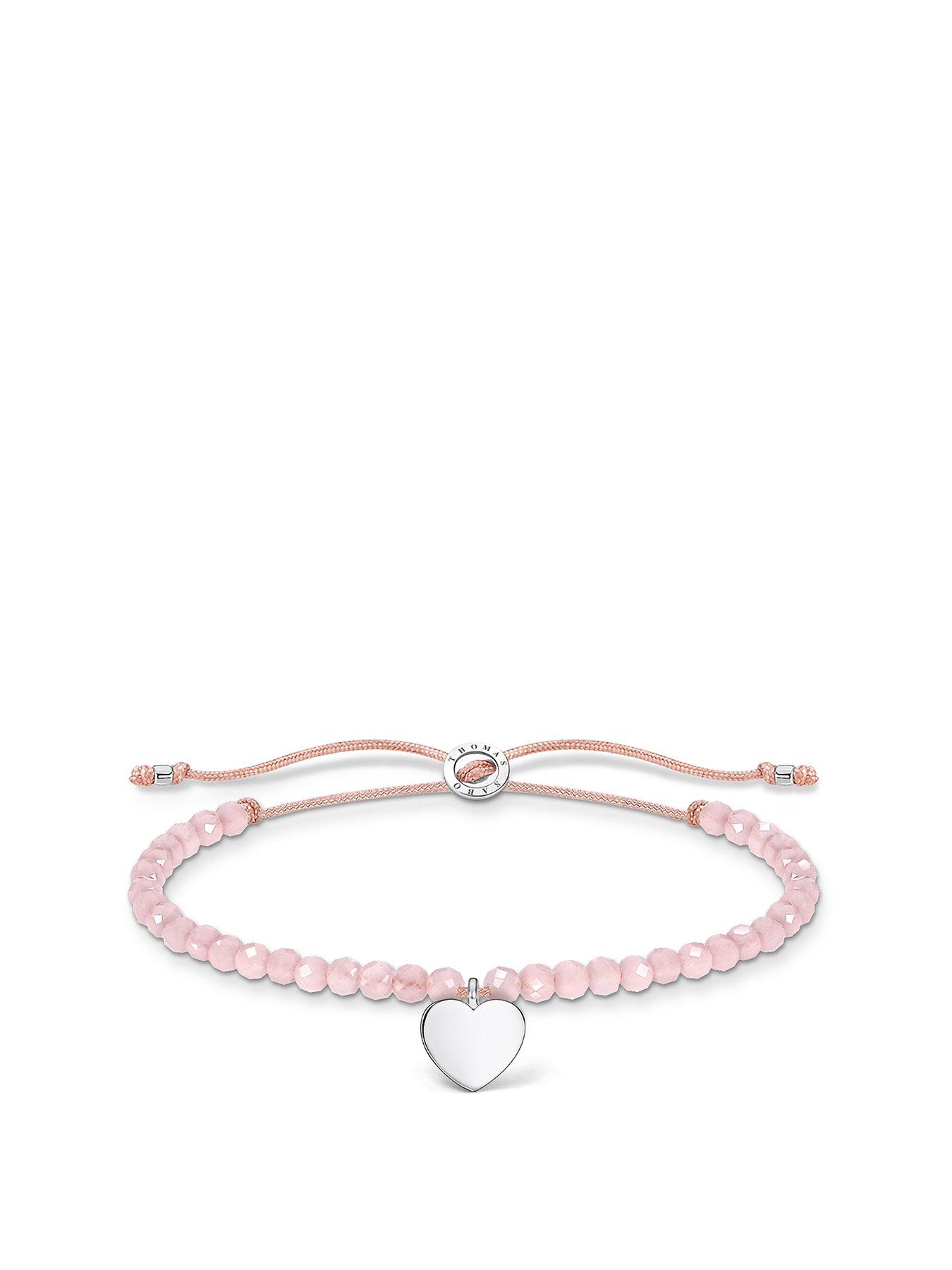 Product photograph of Thomas Sabo Sterling Silver And Rose Quartz Adjustable Heart Charm Bracelet from very.co.uk