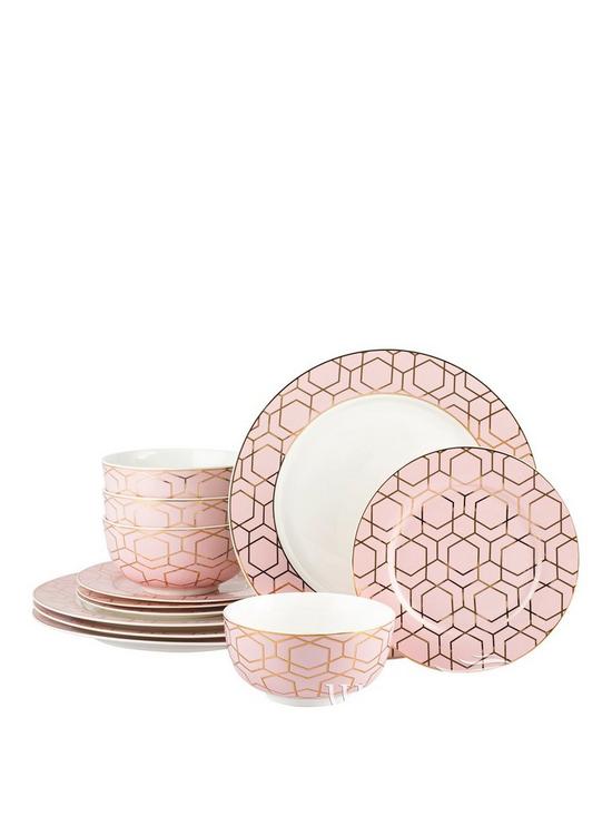 front image of waterside-12-piece-tallulah-pink-gold-dinner-set