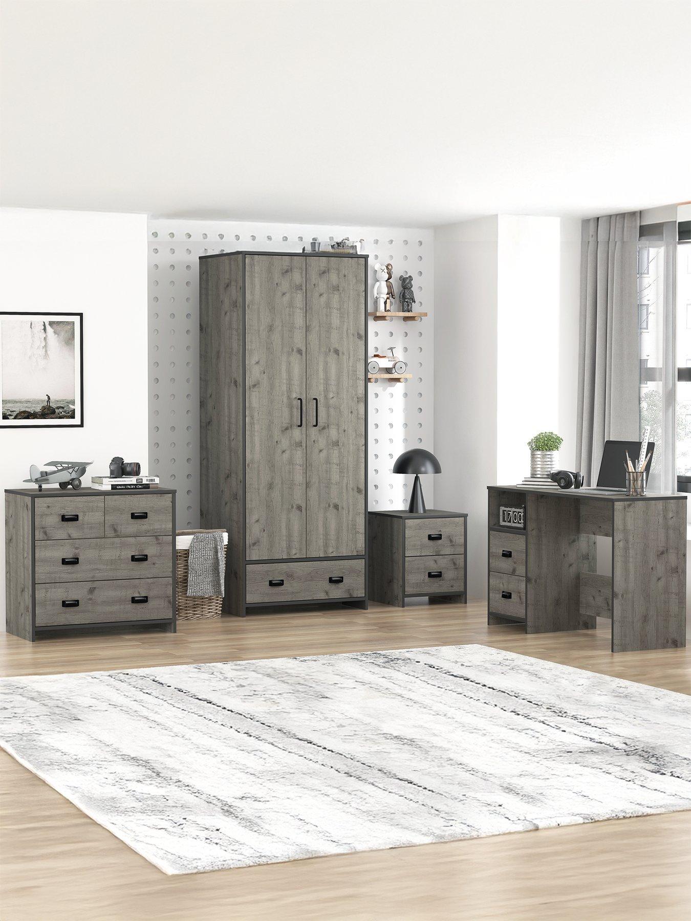 Very Home Jackson 4 Piece Package - Kids 2 Door, 1 Drawer Wardrobe, 2 + 2 Drawer Chest, 2 Drawer Bedside Chest and Desk - Mexican Grey