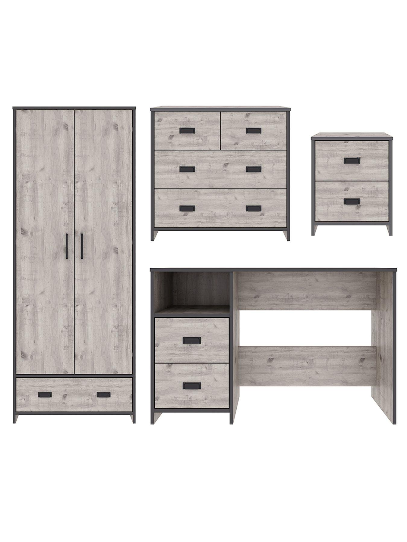 undefined Jackson 4 Piece Package - Kids 2 Door, 1 Drawer Wardrobe, 2 + 2 Drawer Chest, 2 Drawer Bedside Chest and Desk - Mexican Grey