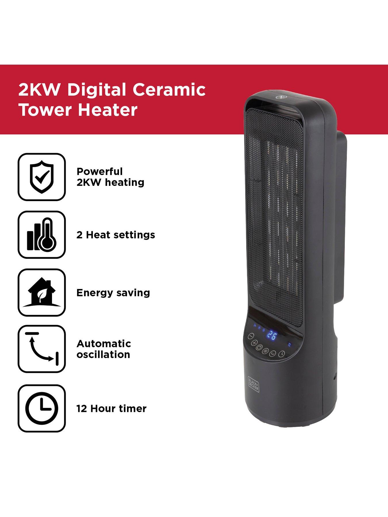 Image 2 of 6 of Black & Decker Digital Oscillating Ceramic Tower Heater, Remote Control and 12 hour timer, 2kW, Black, BXSH44007GB