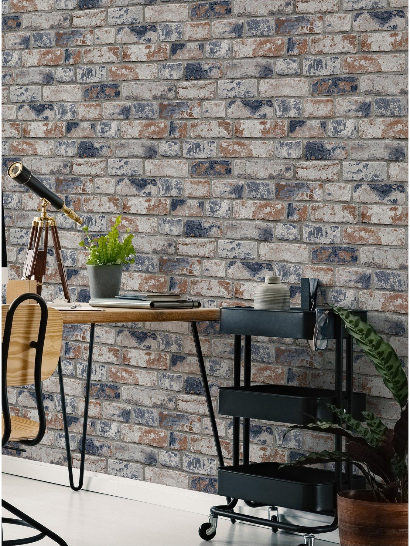 Fresco Distressed Brick Navy and Red Wallpaper | Very.co.uk