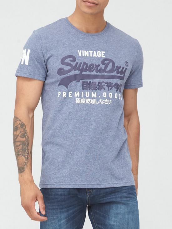 front image of superdry-vintage-label-core-t-shirt-blue