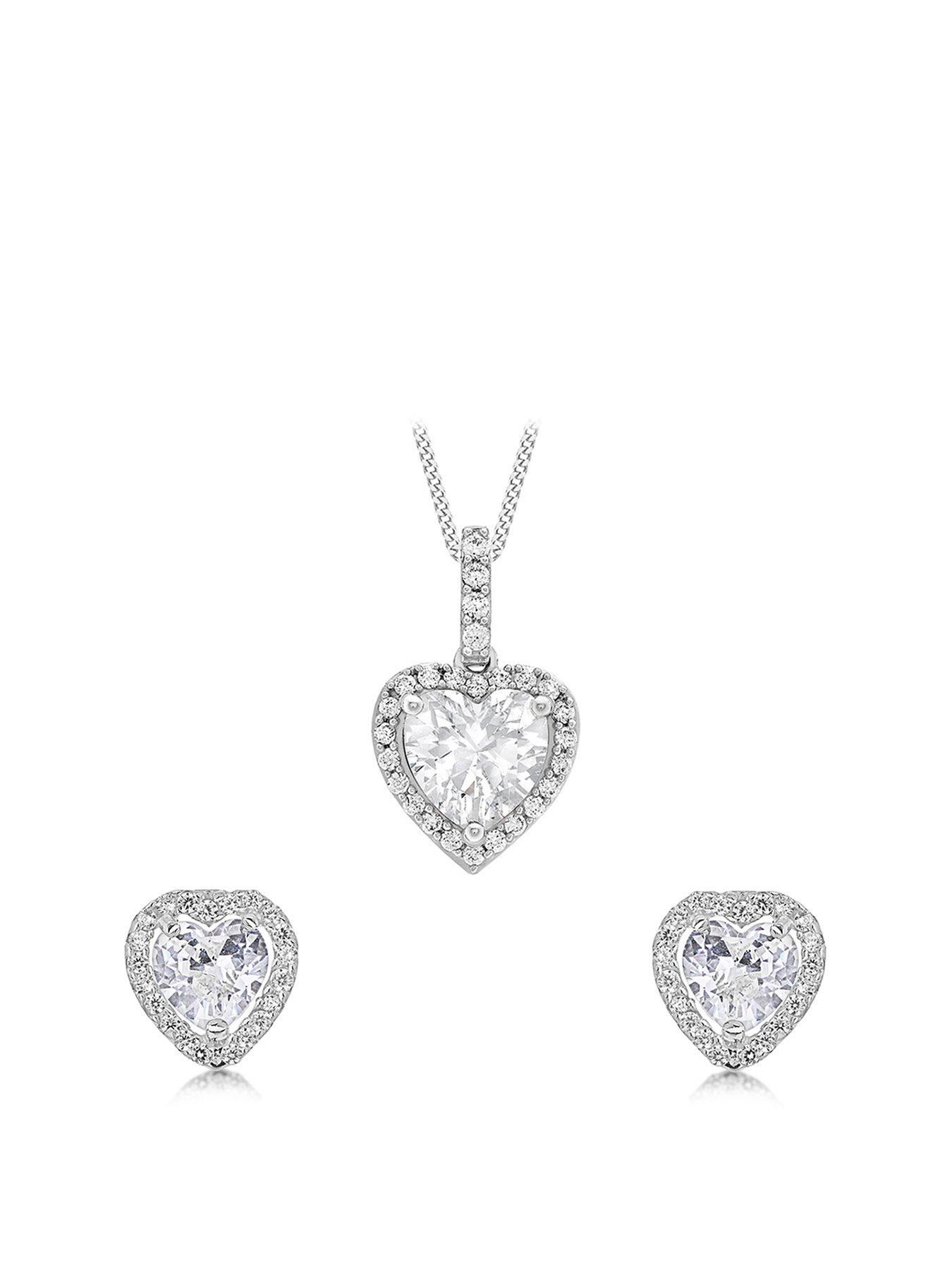 Women 9ct White Gold Cubic Zirconia Heart Jewellery Set