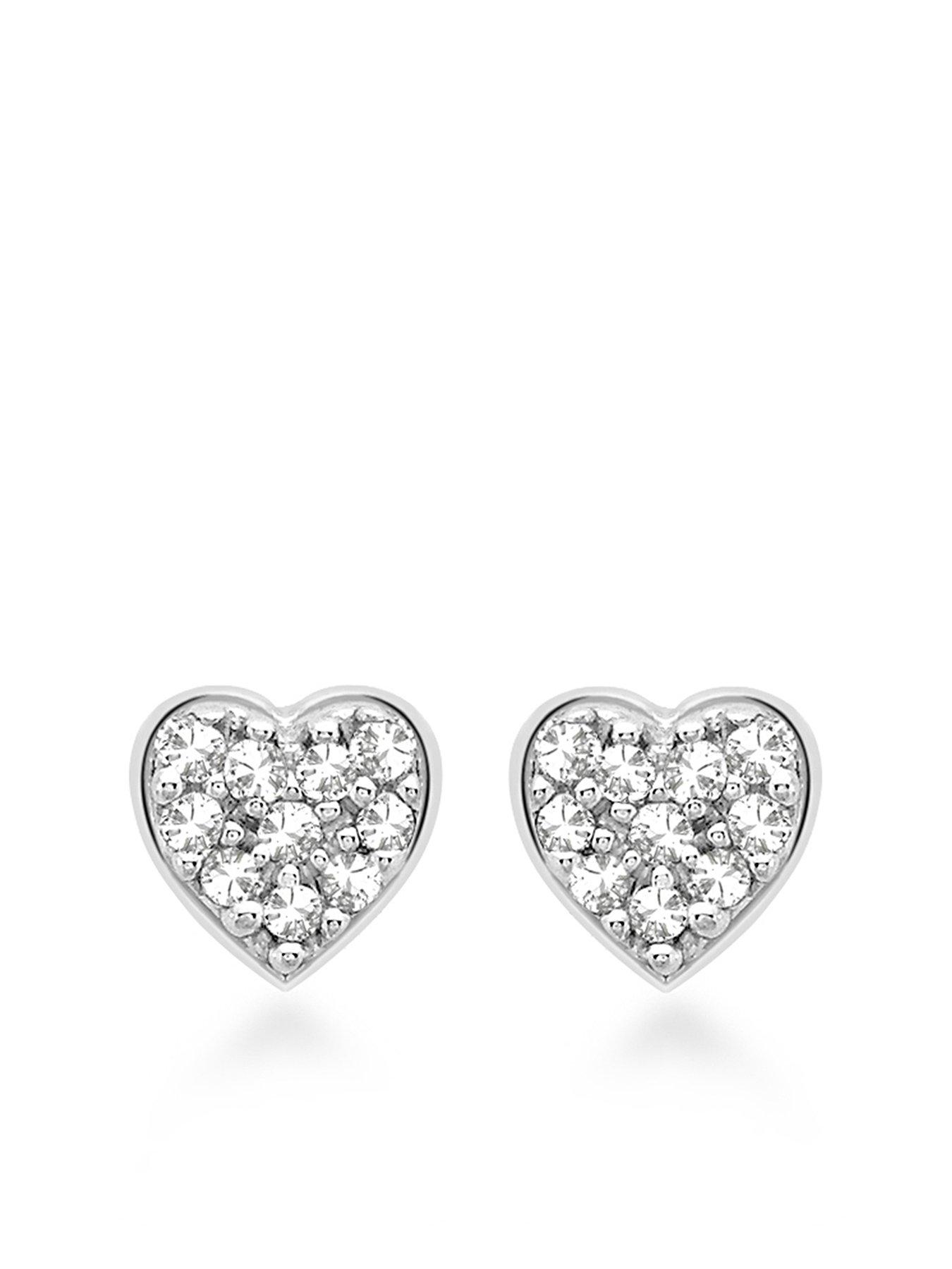  9ct White Gold Pave Set Diamond 4mm Heart Stud Earrings