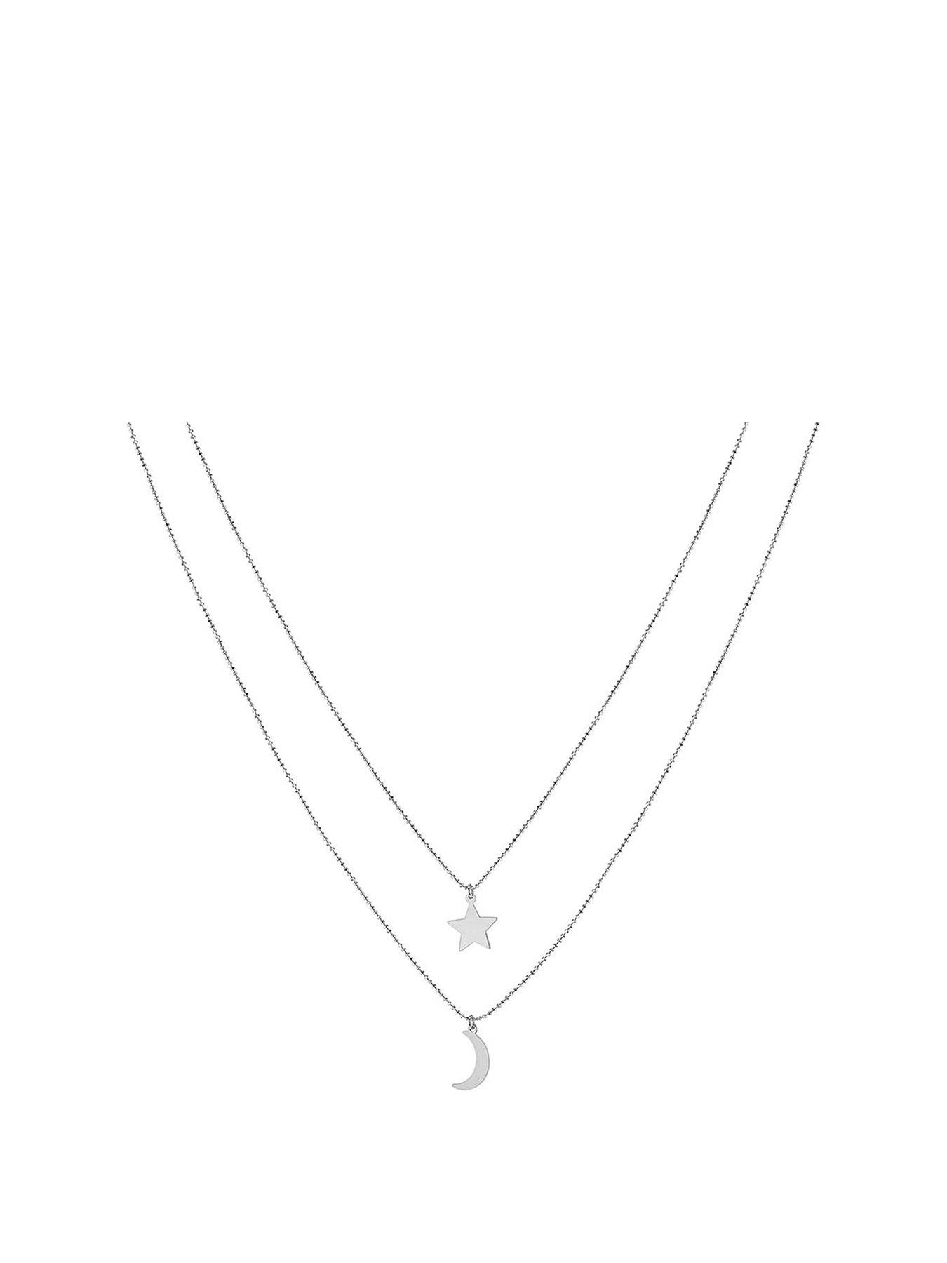 The Love Collection Sterling Silver Moon and Star Diamond Cut Ball Chain Necklace