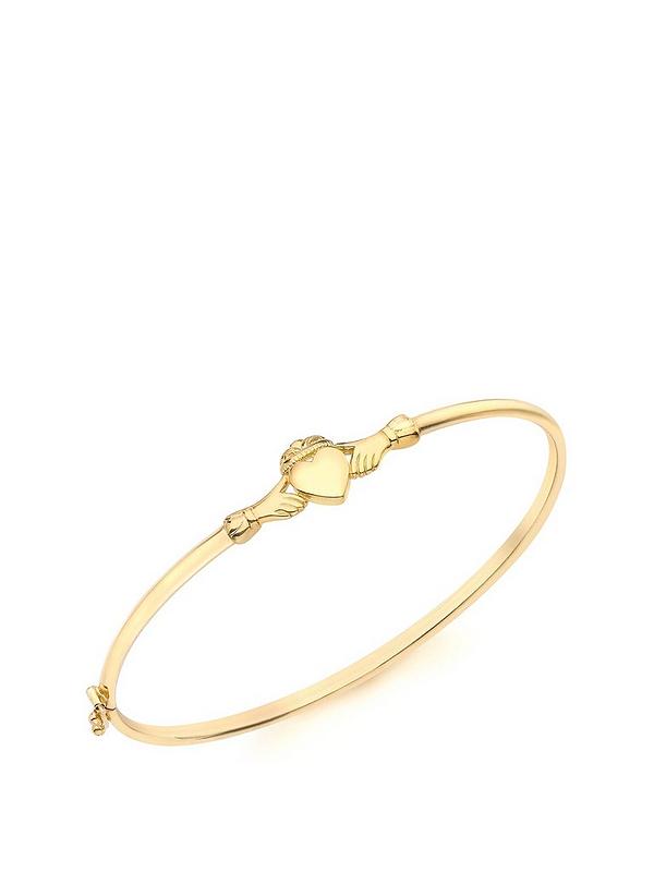Jewels By Lux Expandable Bangle in Yellow Tone Brass with Claddagh Love and Friendship Symbol