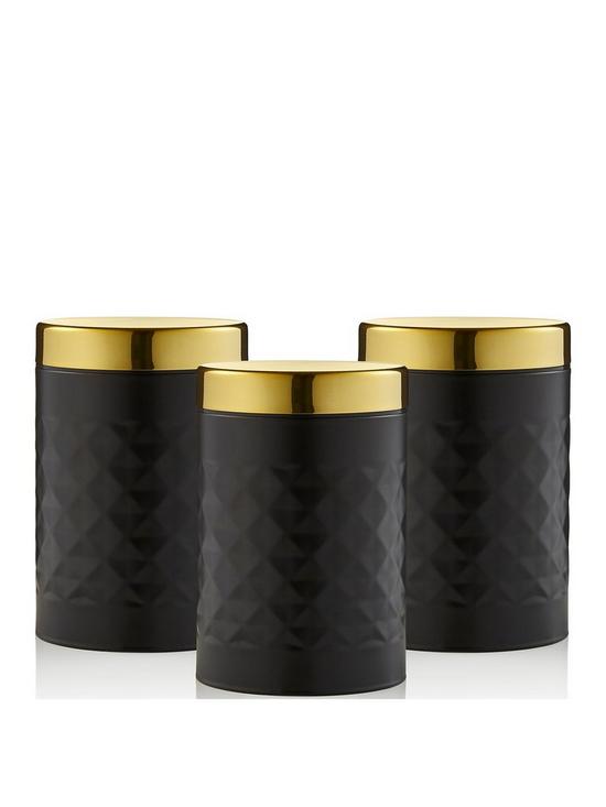front image of swan-gatsby-set-of-3-diamond-pattern-canisters-black