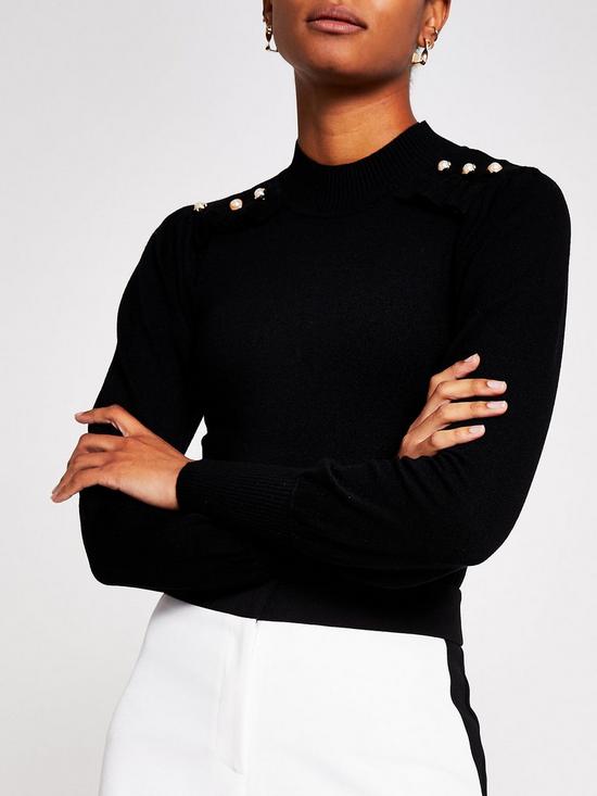 front image of river-island-pearl-detail-frill-high-neck-top-black