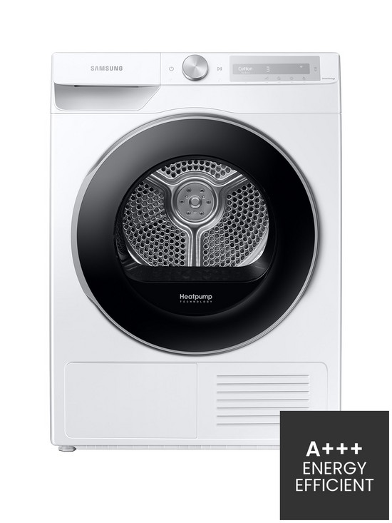 front image of samsung-series-6-dv90t6240lhs1-optimaldrytrade-heat-pump-tumble-dryer-9kg-load-a-rated-white