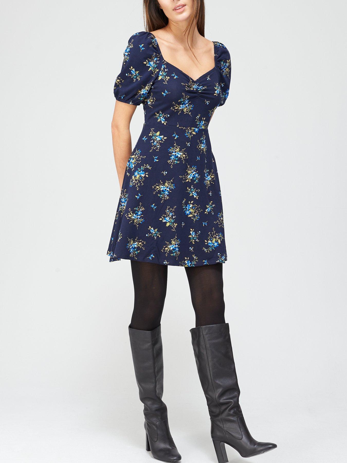 Dorothy Perkins Ditsy Bubble Sleeve Fit And Flare Dress Blue Very Co Uk