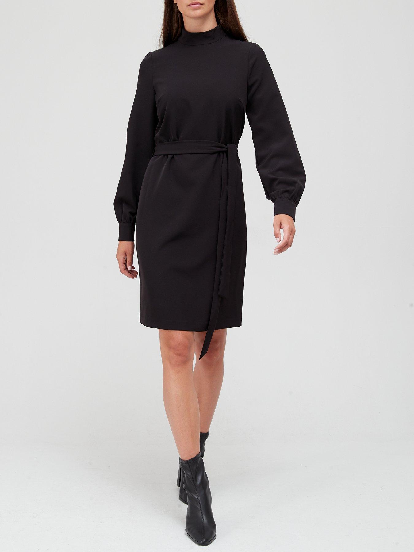  High Neck Belted Mini Dress - Black