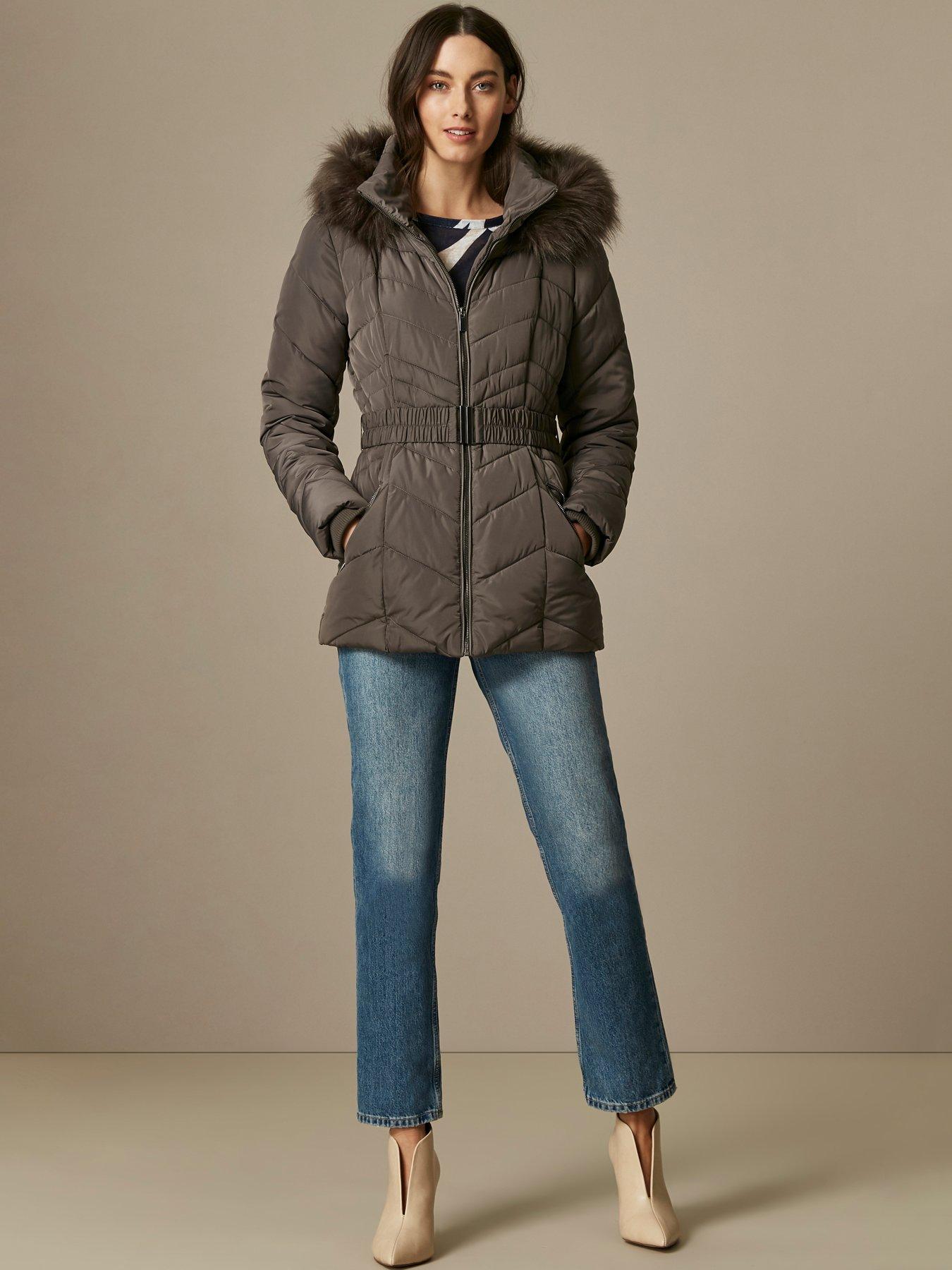 Padded Faux Fur Hooded Coat Grey, Women's Coats