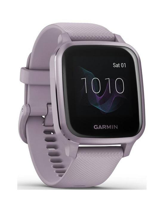 front image of garmin-venureg-sq-gps-smartwatch-with-all-day-health-monitoring-purple-with-lavender-band