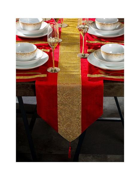 waterside-7-piece-velvet-diamante-red-and-gold-christmasnbsprunner-and-placematsnbspset