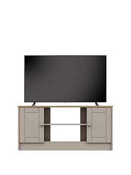 Product photograph of One Call Alderley Ready Assembled Cream Corner Tv Unit - Rustic Oak Taupe - Fits Up To 48 Inch from very.co.uk