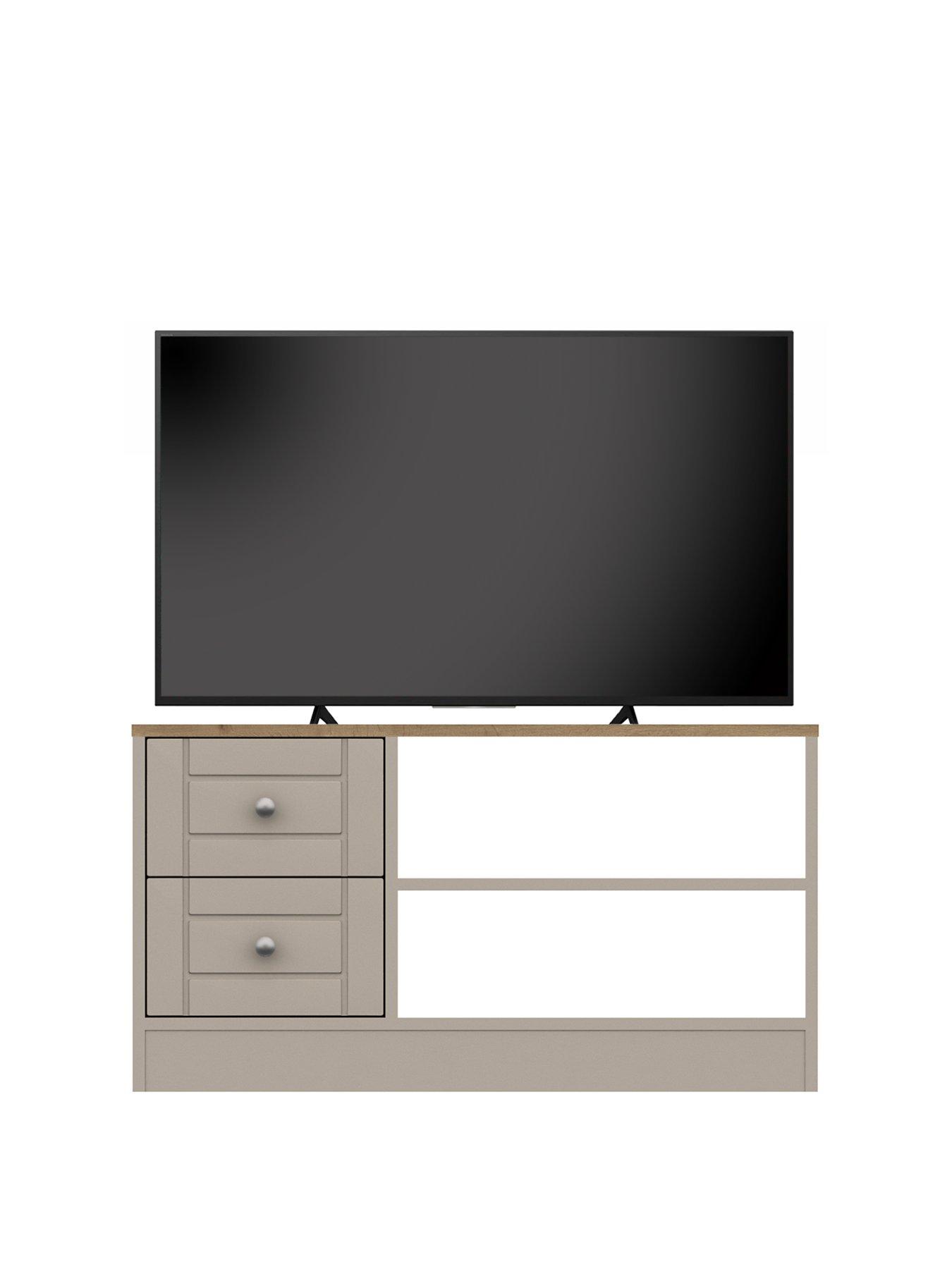 One Call Alderley Ready Assembled TV Unit Rustic Oak/Taupe fits up