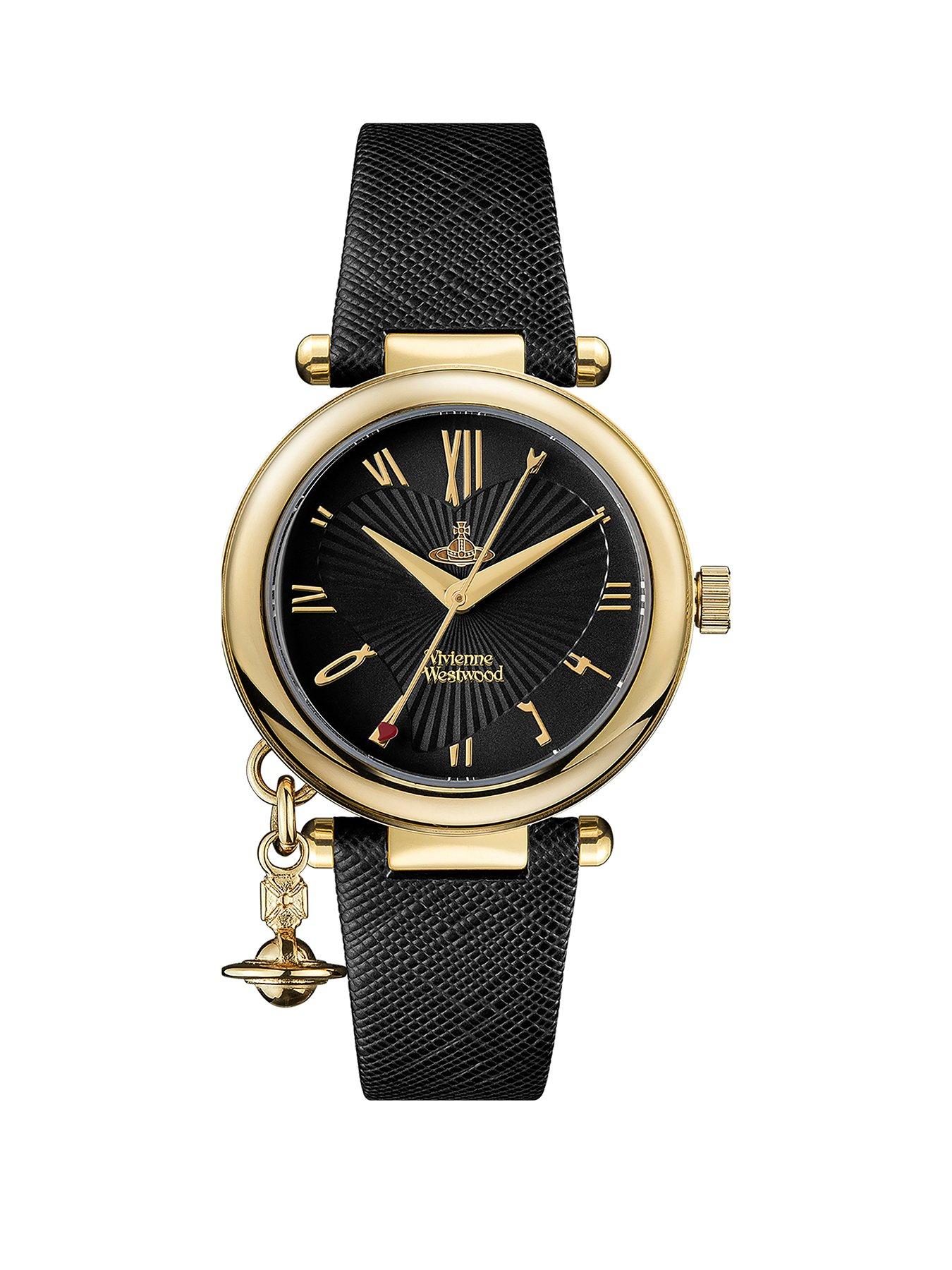 undefined Ladies Orb Heart Black and Gold Detail Charm Dial Black Leather Strap Watch