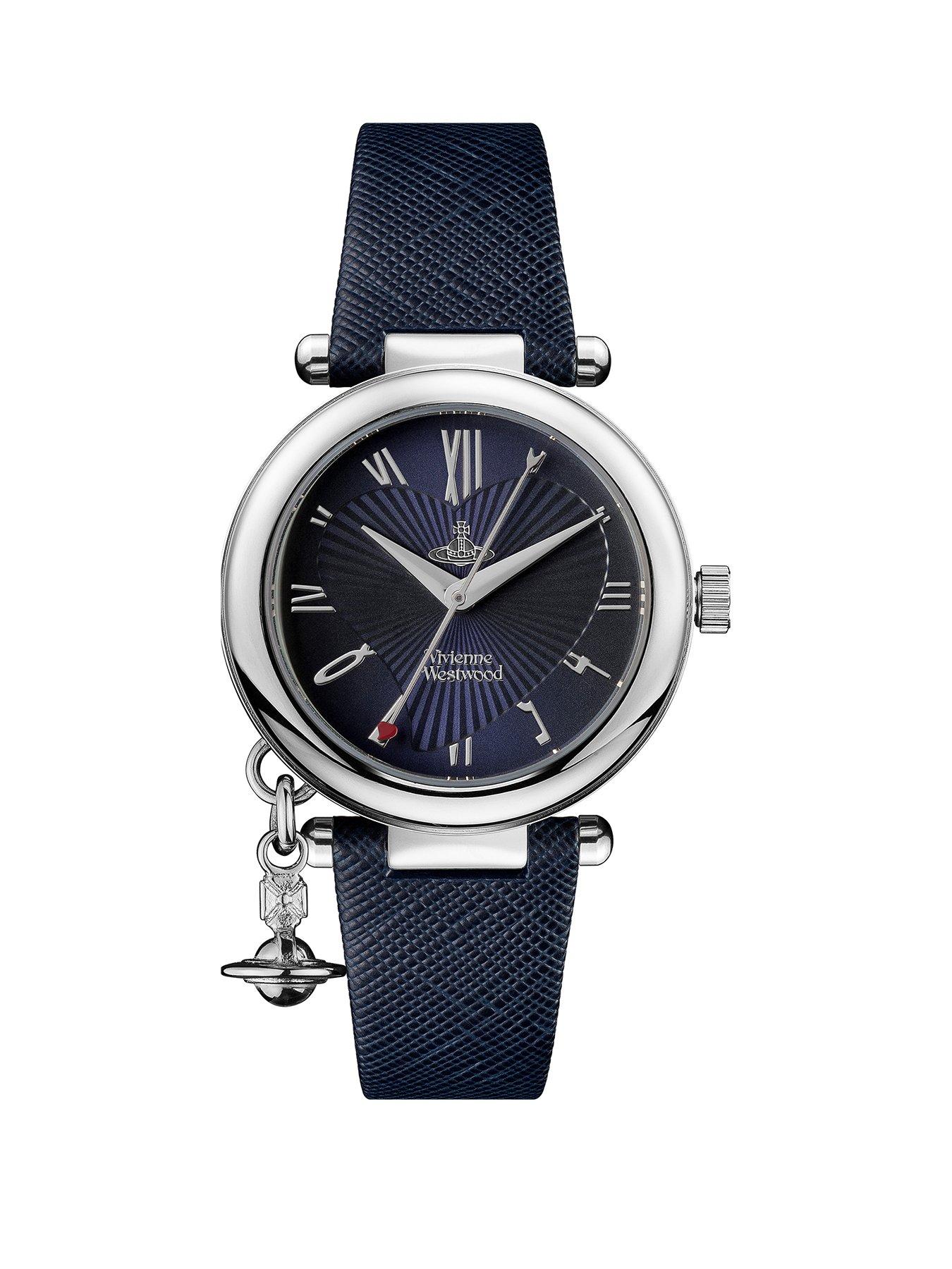 Product photograph of Vivienne Westwood Ladies Orb Heart Blue And Silver Detail Charm Dial Blue Leather Strap Watch from very.co.uk