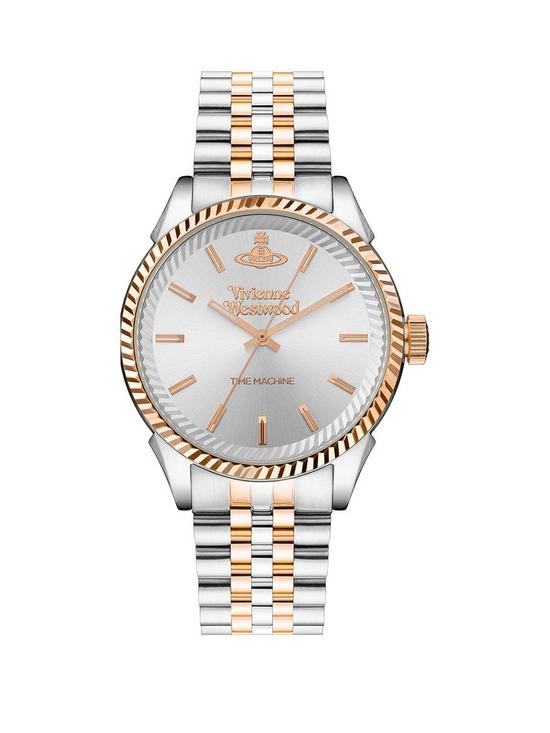 front image of vivienne-westwood-mens-seymour-silver-sunray-and-rose-gold-detail-dial-two-tone-stainless-steel-jubilee-bracelet-watch