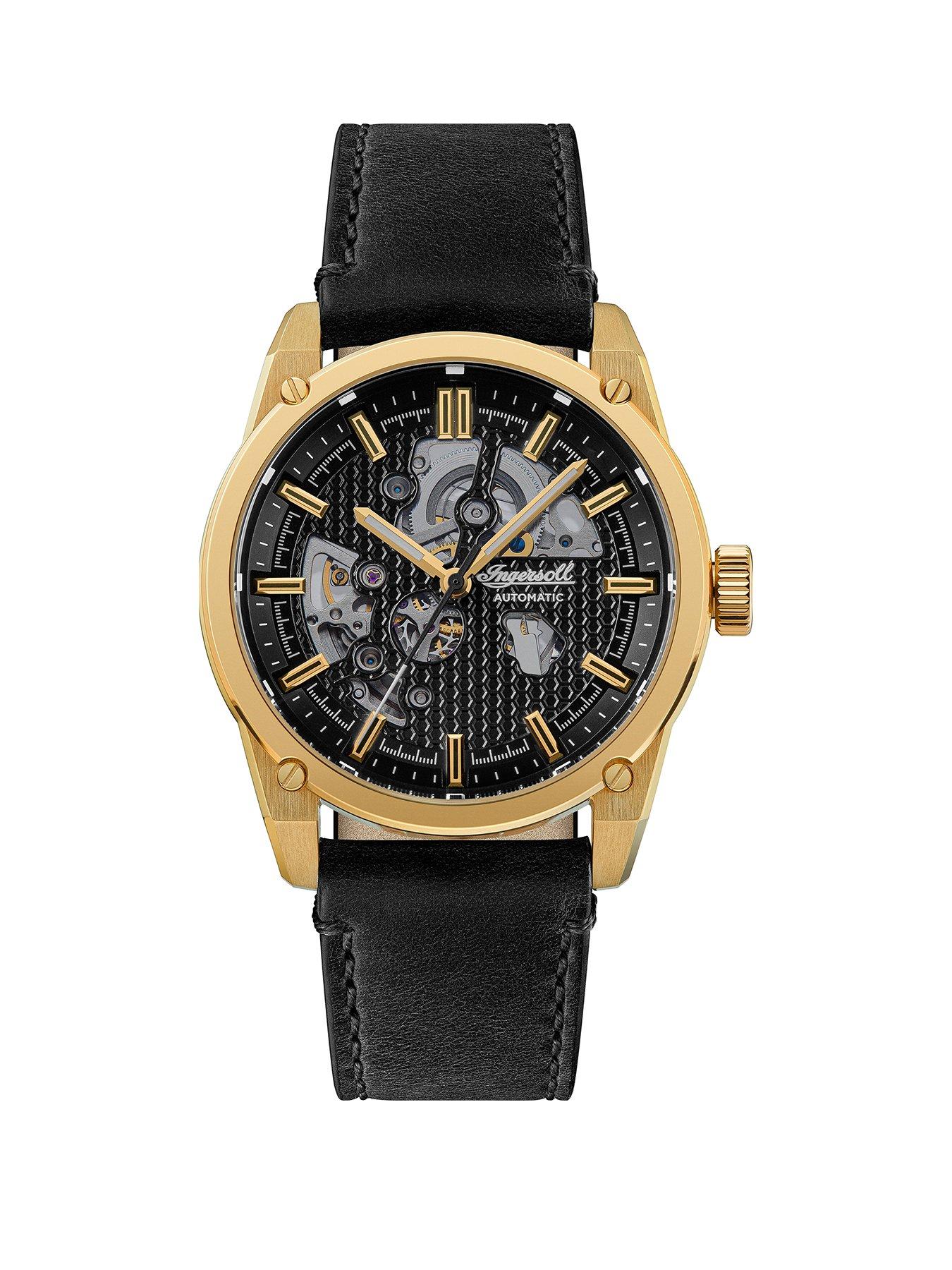 Jewellery & watches The Carroll Black and Gold Detail Skeleton Automatic Dial Black Leather Strap Watch
