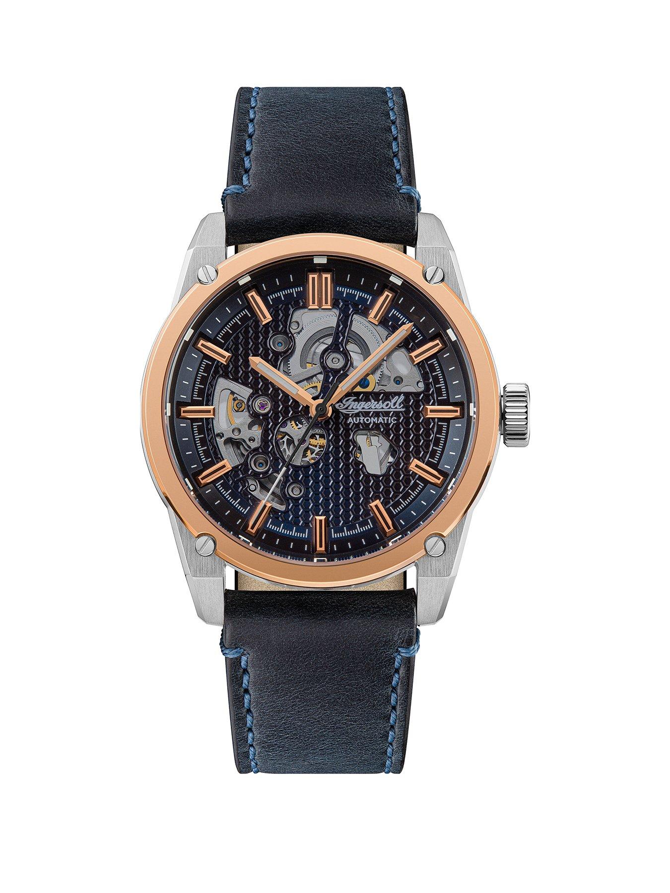  The Carroll Silver and Rose Gold Detail Skeleton Automatic Dial Black Leather Strap Watch