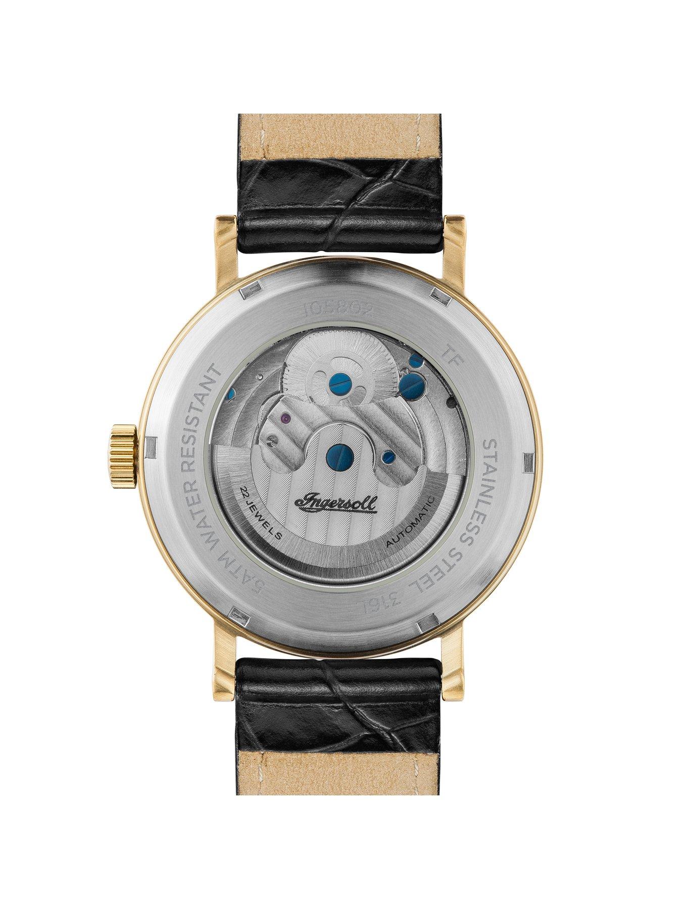  The Charles Black and Gold Detail Skeleton Automatic Dial Black Leather Strap Watch